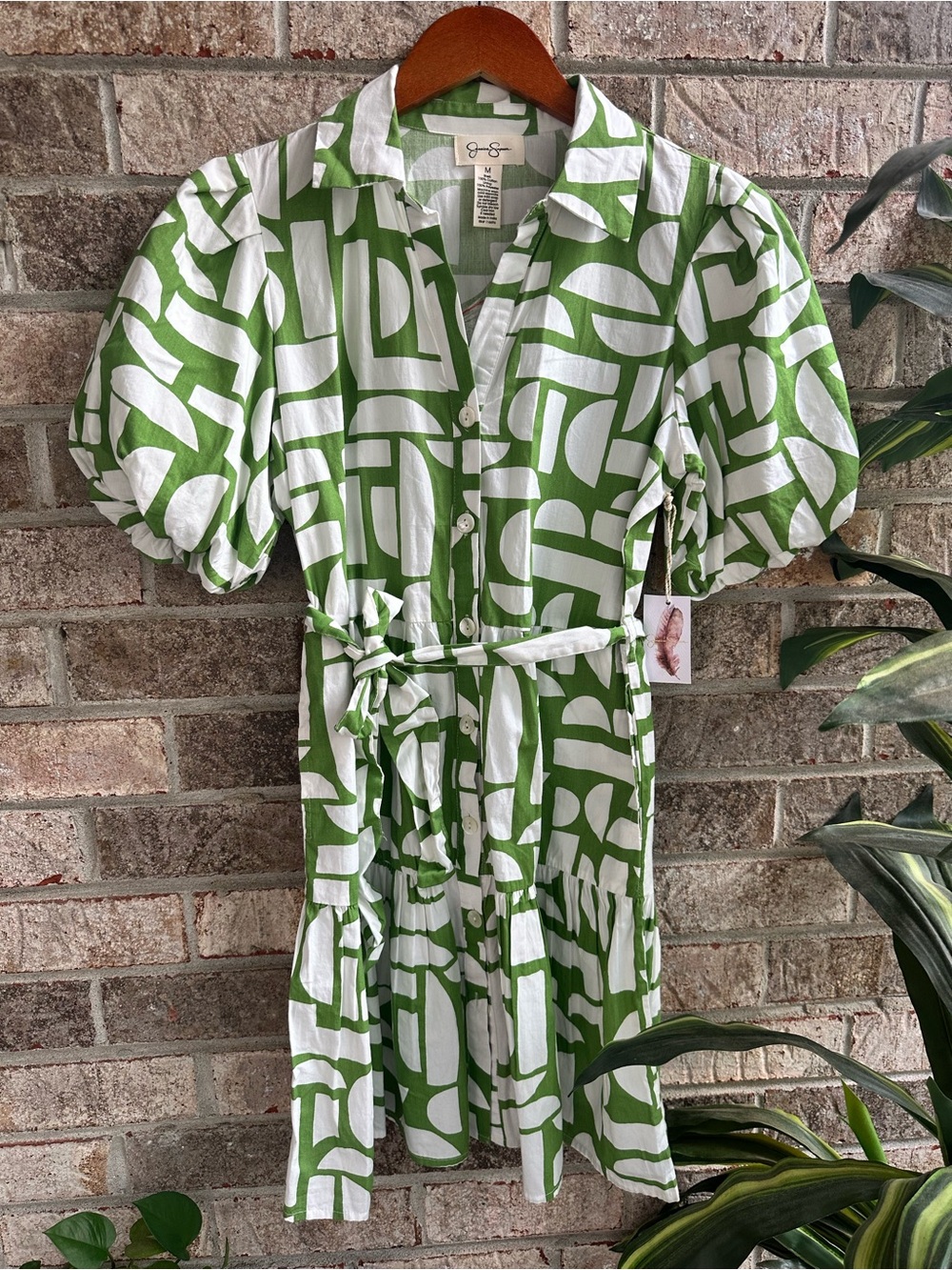 Green & White Graphic Button-Front Belted Tie Shirt Dress Balloon Sleeves